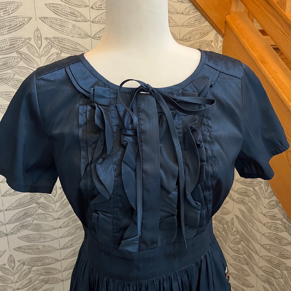 Navy Floral Peplum Midi Dress with Ribbon Tie - Picture 4 of 5